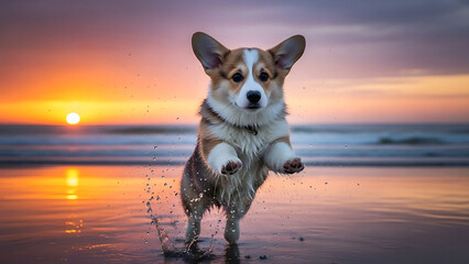 Corgi running on beach at sunset with joyful expression