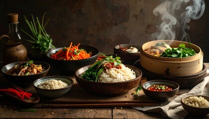 A tantalizing spread of steaming Asian noodles and savory dishes, perfect for a delicious meal