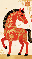 Decorative red horse folk style illustration
