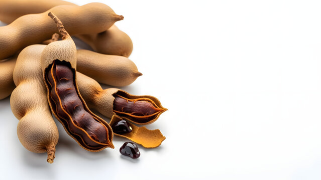 Fresh tamarind pods and seeds on a white background