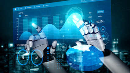 A futuristic robotic hand interacts with a digital analytics interface while displaying data visualizations in an urban skyline. It symbolizes technology impact on business intelligence. Impute