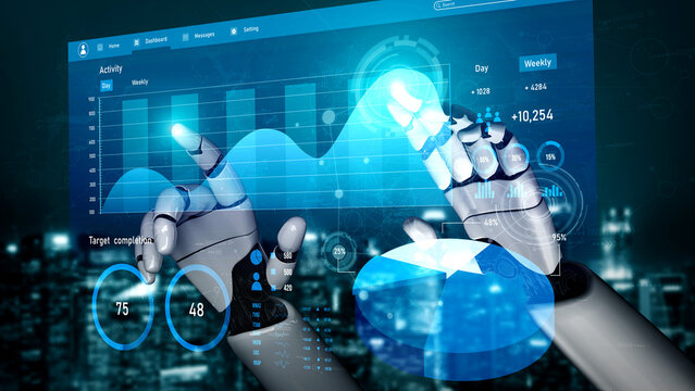 A futuristic robotic hand interacts with a digital analytics interface while displaying data visualizations in an urban skyline. It symbolizes technology impact on business intelligence. Impute - Powered by Adobe