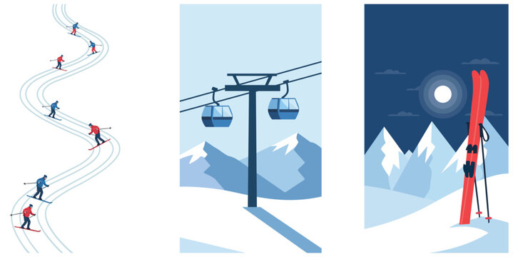 Collection of Winter Ski Resort Illustrations Featuring Skiers, Gondola, and Mountain Scenery