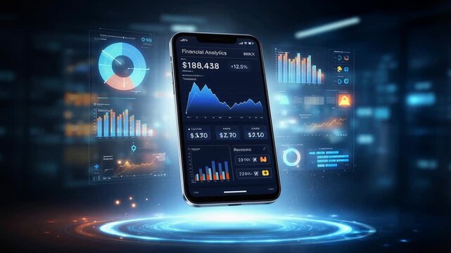 Trading app on smartphone screen showing rising stock market graphs and holographic data visualizations. Wealth management and investment tracking in futuristic dark environment. Lockdown shot.