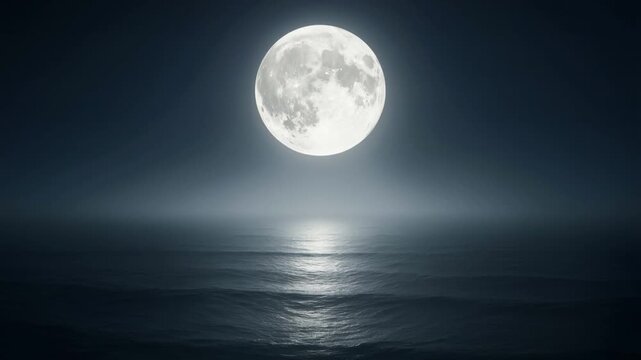 Ocean waves moving under full moon. Moonlight reflecting on water surface during night. Seamless loop