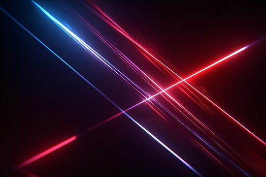 Abstract light rays in blue and red colors crossing over a dark background.