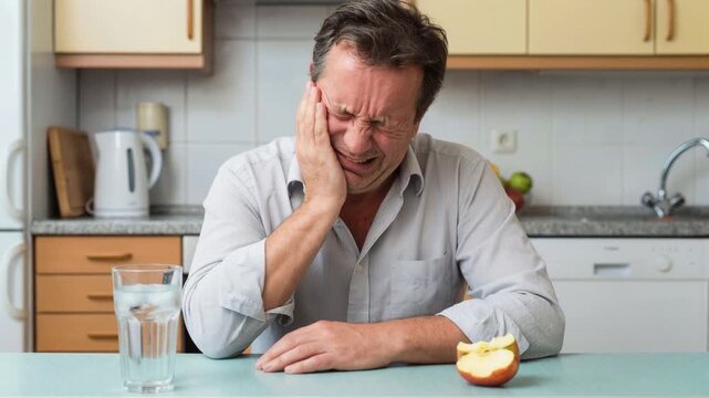 Middle-aged man experiencing sudden toothache after biting apple in home kitchen. Lockdown medium shot.