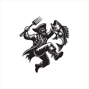 A dynamic illustration of a pirate holding a fork and a large fish, depicted in a bold, monochromatic style against a clean white background.
