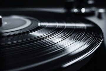 Close-up of a spinning vinyl record with shiny grooves and a blurred turntable background.