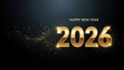 Happy New Year 2026 with gold numbers and sparkles on dark background