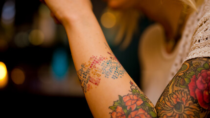 A close-up of a person's arm with colorful tattoos