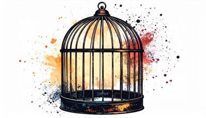 Empty birdcage with colorful paint splashes on white background symbolizing freedom and artistic expression.