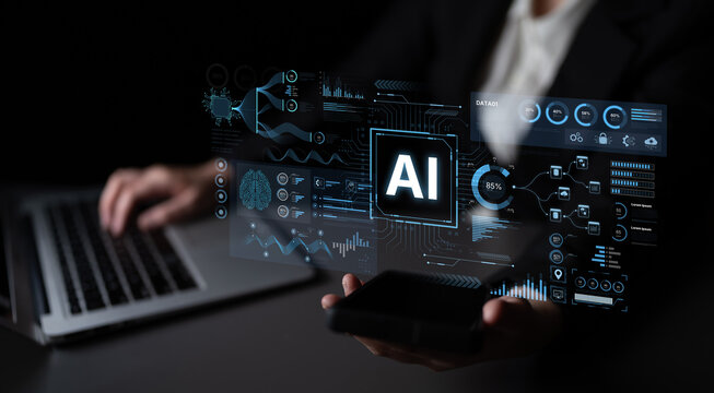 A futuristic AI dashboard for business intelligence. This platform showcases advanced data analytics, processing complex information into visual charts and graphs for strategic insights. Fermion - Powered by Adobe