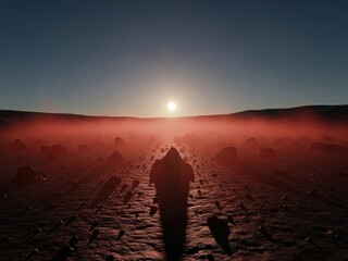 Lunar New Year Desert landscape with red mist and glowing sun | Background, moon, sunset, red, lunar, new, year, abstract.