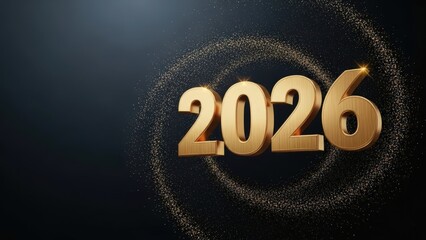 Golden 2026 text with sparkling particles on dark background