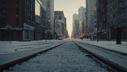 Low angle view of snowy tram tracks running through a silent urban city street during a cold winter morning