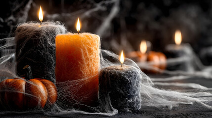 Enchanting Halloween Scene: Candlelight illuminates a scene of Halloween decorations, featuring pumpkins, candles, and cobwebs, evoking an atmosphere of mystery and celebration.