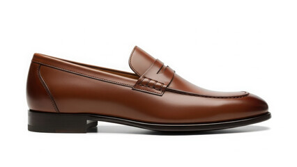 Naklejka premium Elegant Brown Leather Penny Loafer for Men on White Background, Classic Dress Shoe