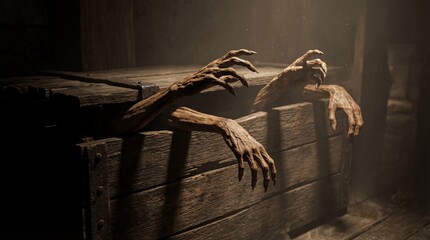 Sinister hands emerge from a dark wooden chest, creating an eerie and suspenseful atmosphere.