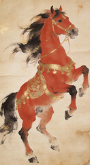 Red horse rearing with golden details