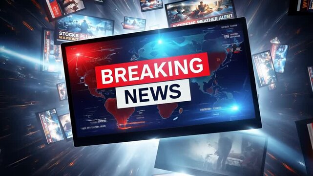 Broadcast screens displaying critical reports on war, stock market crashes, and extreme weather alerts. Dynamic forward camera movement through an electronic tunnel of data.