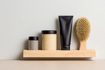 Naklejka premium Skincare and grooming items arranged on a wooden shelf against a textured wall.