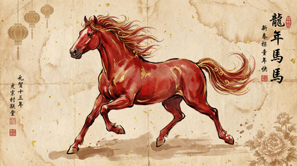 Red horse illustration with chinese calligraphy