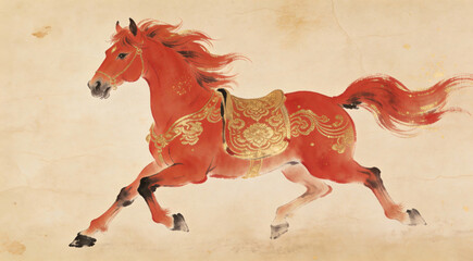 Red horse running with ornate saddle