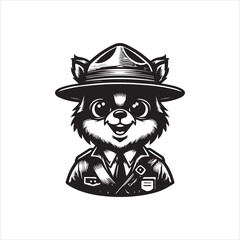 Fototapeta premium Black and white illustration of a smiling cartoon raccoon wearing a hat and uniform on a clean white background.