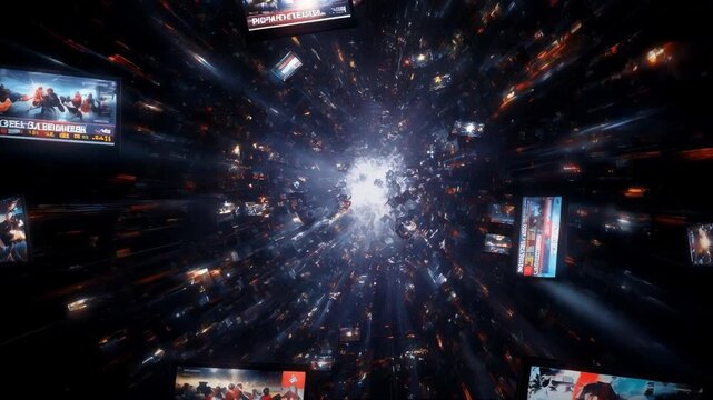 Electronic displays showing breaking news about war escalations, stock market volatility, and weather alerts. Multiple screens floating in a high-tech data space