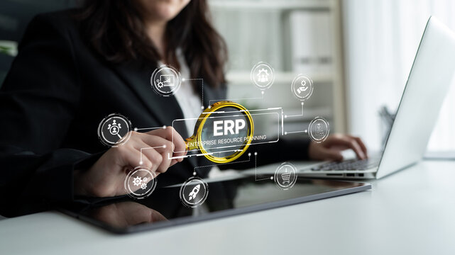 ERP platform visual showing centralized system for enterprise resource planning, improving integration, data flow, business efficiency, finance, inventory, and human resources. Spline - Powered by Adobe