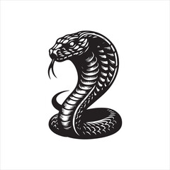 Fototapeta premium A black and white illustration of a coiled cobra with its head raised, featuring a logo-style design on a plain white background.