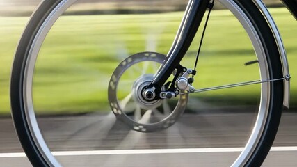 Close-up of spinning bicycle wheel with disc brake in motion