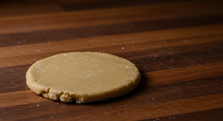 Simple wobbly circle cut from natural craft dough resting on a wooden table, emphasizing the uneven texture and imperfect edges, background, clay, wobbly