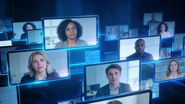 Diverse team of remote workers collaborating through futuristic video conference interface. Multiracial professionals participating in virtual meeting with glowing network lines
