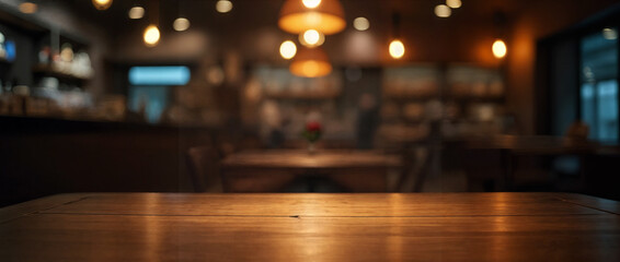 A plain brown wooden table and dim restaurant lighting can be used for filming or displaying your products, creating a cohesive and business-concept space