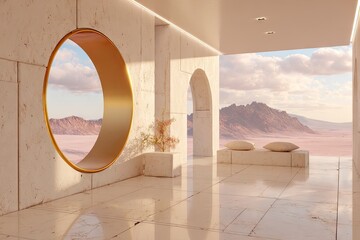 Elegant interior with desert landscape view through a circular opening.