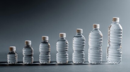 Clear plastic water bottles in graduated sizes on soft gray background
