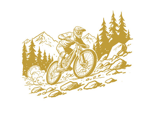 Downhill Mountain Biker Sketch.Extreme Cycling Adventure Logo.Retro MTB Rider Illustration.Forest Trail Action Graphic.Gravel Bike Sport Emblem