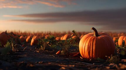 Autumnal Pumpkin Patch: A field of vibrant pumpkins basks in the warm glow of the setting sun, their orange hues contrasting against the golden-brown landscape and the serene autumn sky.