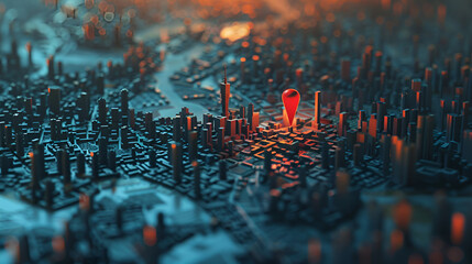 Futuristic cityscape with navigation pointer for technology and travel concept