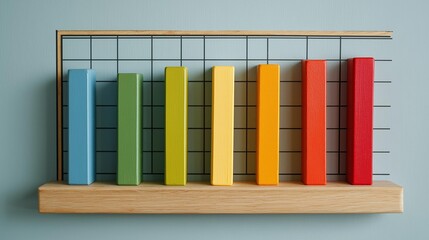 Colorful wooden bar chart with grid on blue background