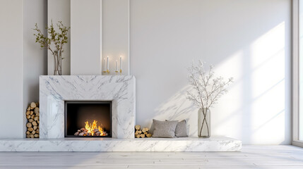 Fireplace marble modern minimalist interior design decor candles logs cozy warm fire mantel white sunlight window contemporary