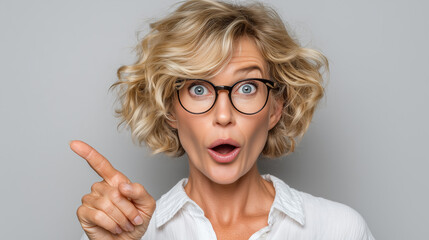 A surprised woman with curly hair and glasses expresses excitement or revelation, raising her finger as if pointing out something important.