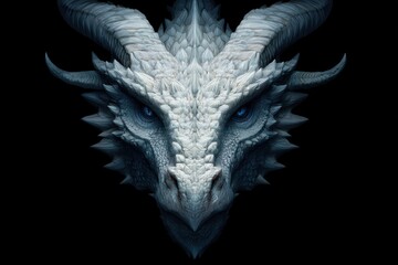 Monochrome fantasy dragon portrait with dramatic lighting and text area