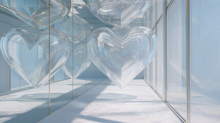 Transparent hearts hanging in an empty mirrored room. Surreal minimalist concept symbolising pure love, impossible love, longing, and reflection with copy space for romantic campaigns