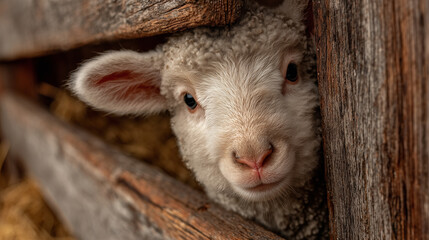 Fototapeta premium A curious lamb peeks through a weathered wooden fence, showcasing its soft wool and expressive eyes, perfectly capturing farm life charm.