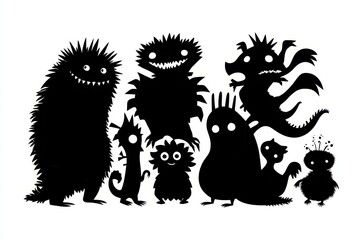 Naklejka premium Monochrome silhouette pack of fantasy beasts for party decor and arts