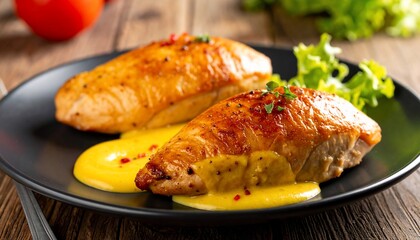 Close-up of two seasoned chicken breasts on black plate with sauce, lettuce, tomato