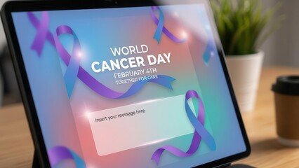 World Cancer Day Message: A digital tablet displays a compassionate message of support and solidarity for World Cancer Day, framed with symbolic ribbons and ready for personalized messages. 